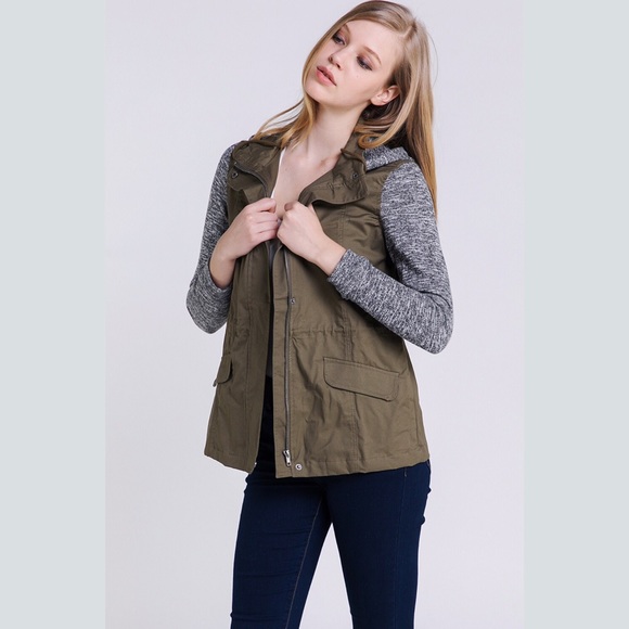 Olive hoodie grey trim jacket - Picture 2 of 8